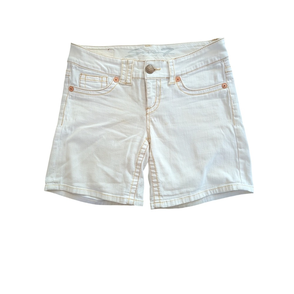 Seven7 Womens White Denim Shorts Mid Rise Stretch Embroidered Pockets Size 6